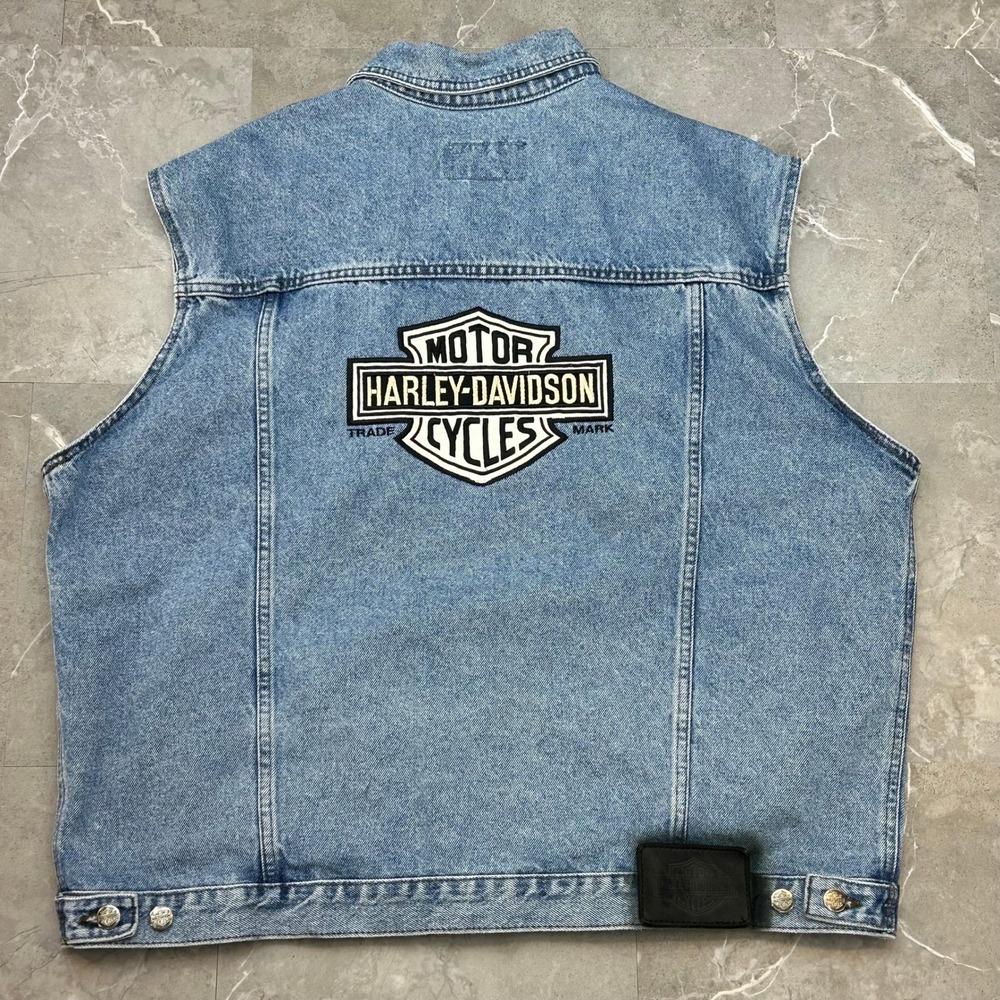 Vintage Harley Davidson Denim Vest Mens XL Embroidered Jean Biker Trucker Faded - Picture 3 of 12